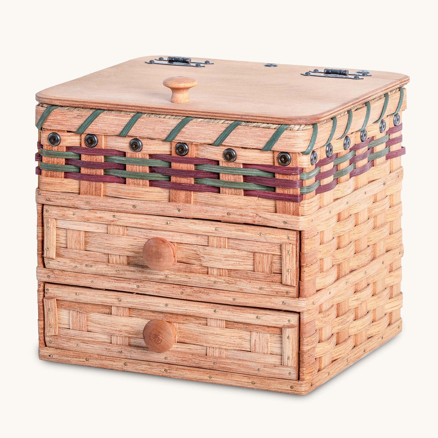 Vintage Jewelry Box | Amish Woven Wooden Storage w/Drawers Wine & Green