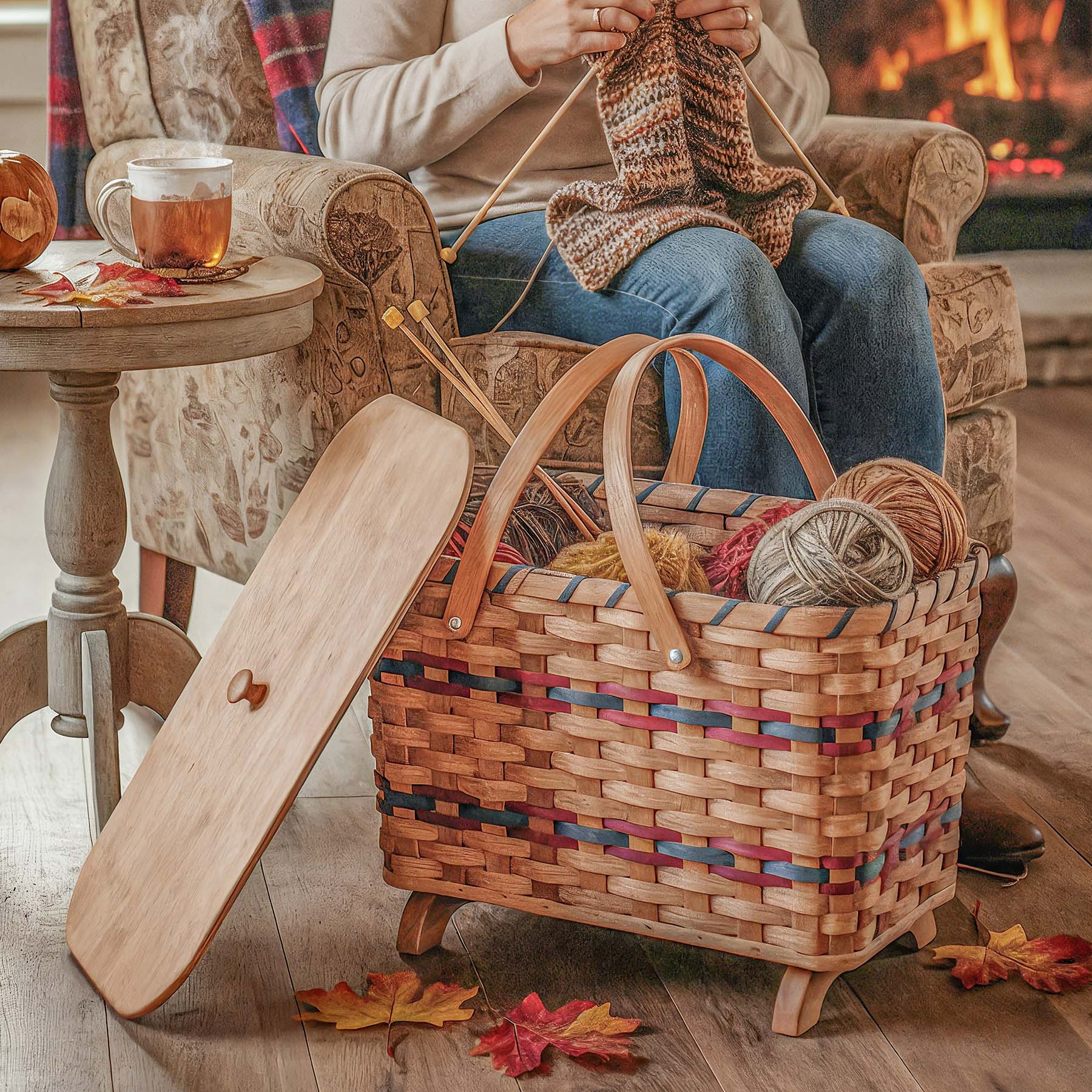 Homestead Knitting Basket | Amish Yarn & Project Storage with Lid & Legs Wine & Blue