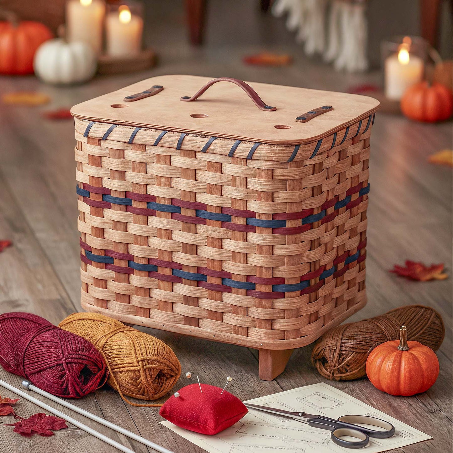 Knitting Basket | Amish Wicker Yarn Storage & Organizer Wine & Blue