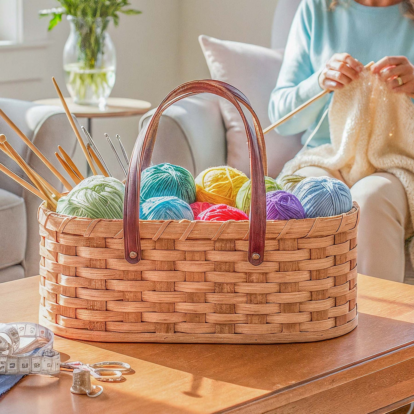 Vintage Yarn Caddy | Amish Wicker Knitting & Crochet Organizer Basket Plain