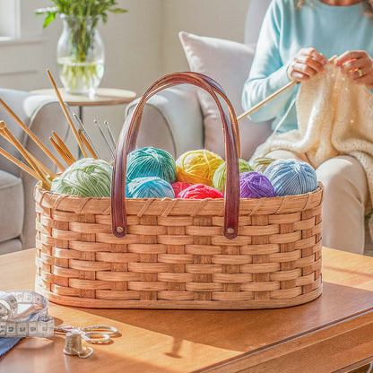 Vintage Yarn Caddy | Amish Wicker Knitting & Crochet Organizer Basket Plain