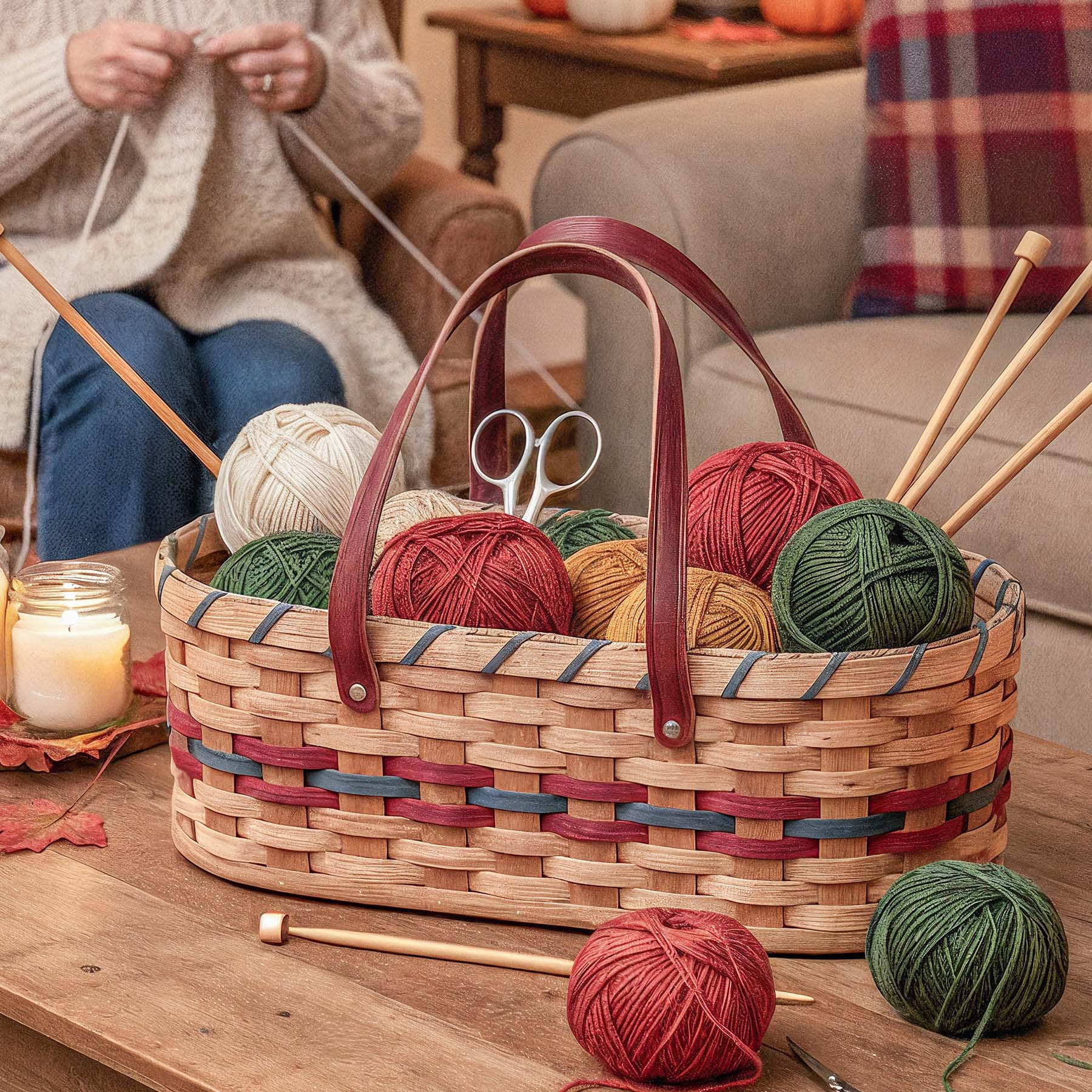 Vintage Yarn Caddy | Amish Wicker Knitting & Crochet Organizer Basket Wine & Blue