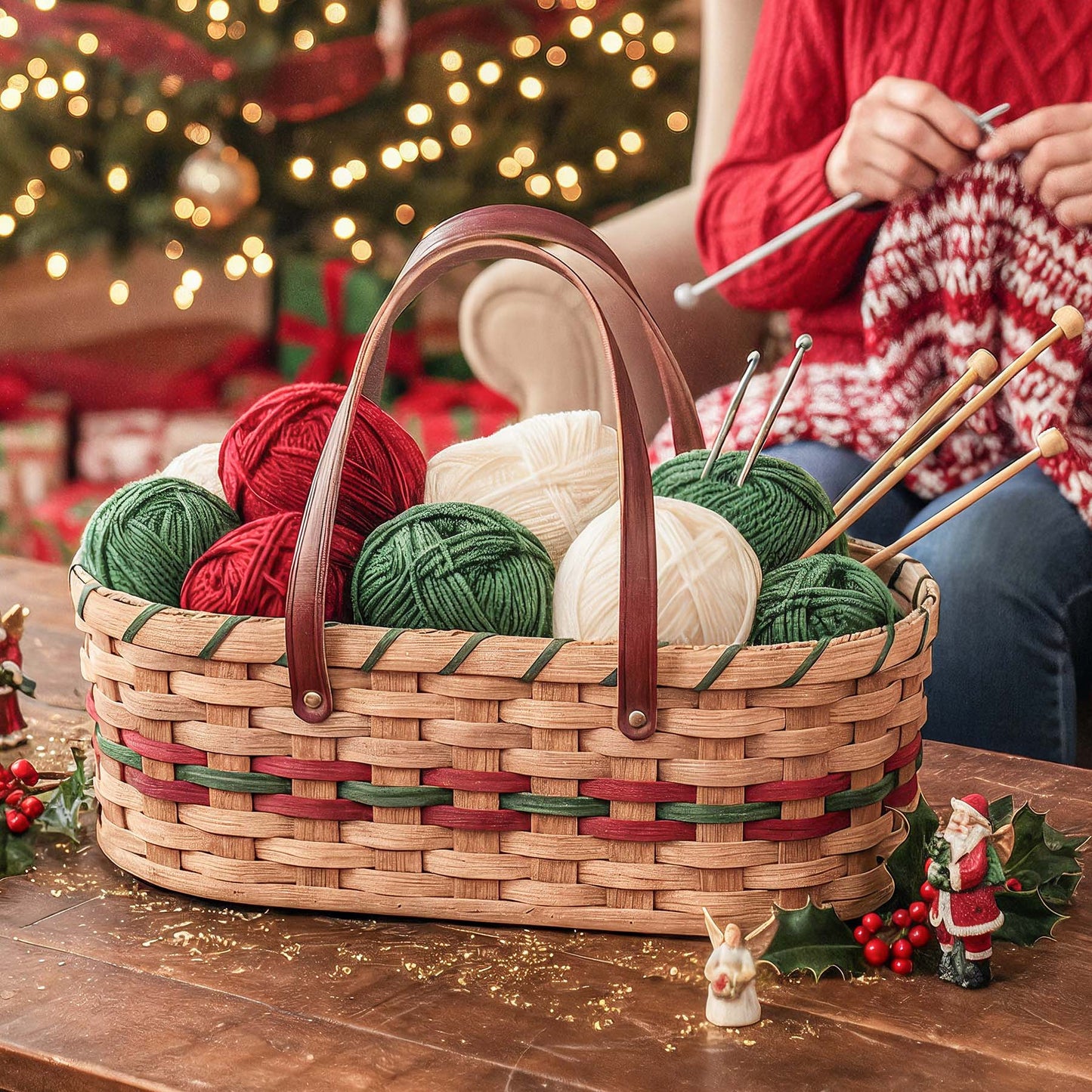 Vintage Yarn Caddy | Amish Wicker Knitting & Crochet Organizer Basket Wine & Green