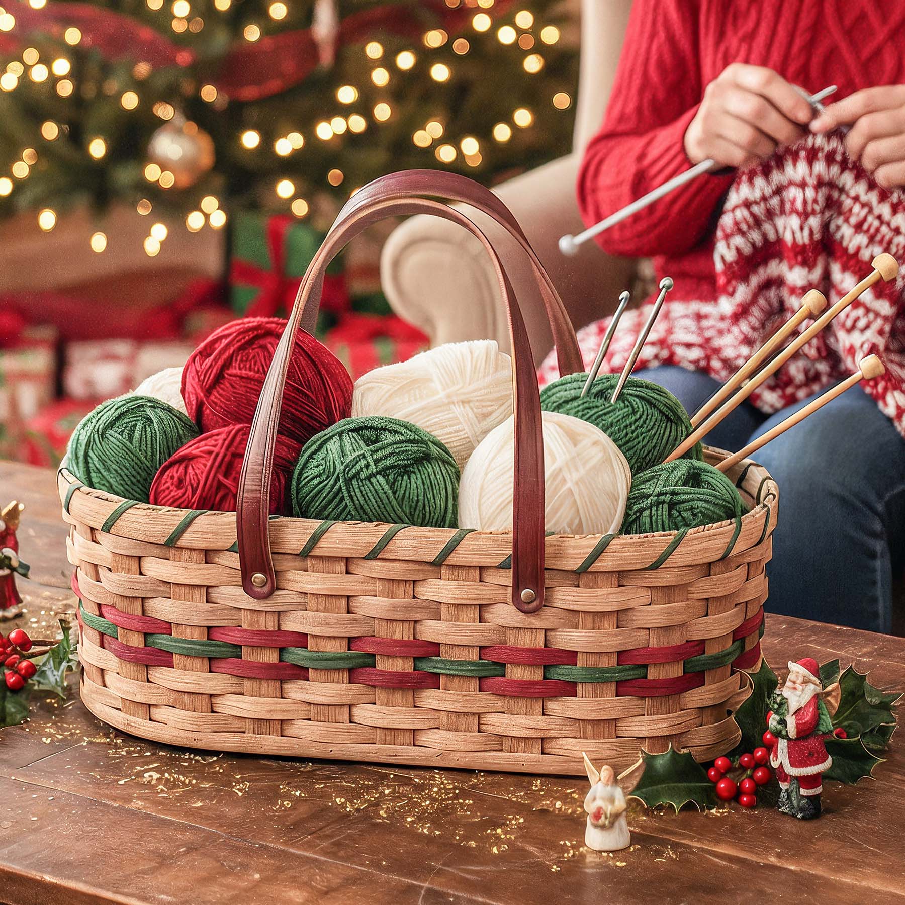 Vintage Yarn Caddy | Amish Wicker Knitting & Crochet Organizer Basket Wine & Green
