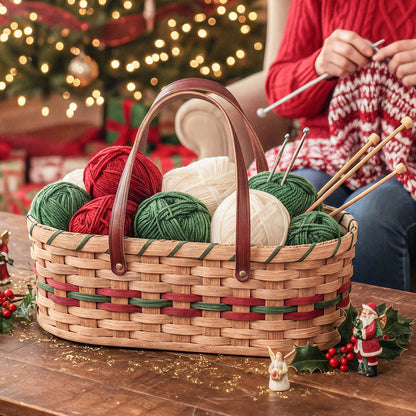 Vintage Yarn Caddy | Amish Wicker Knitting & Crochet Organizer Basket Wine & Green