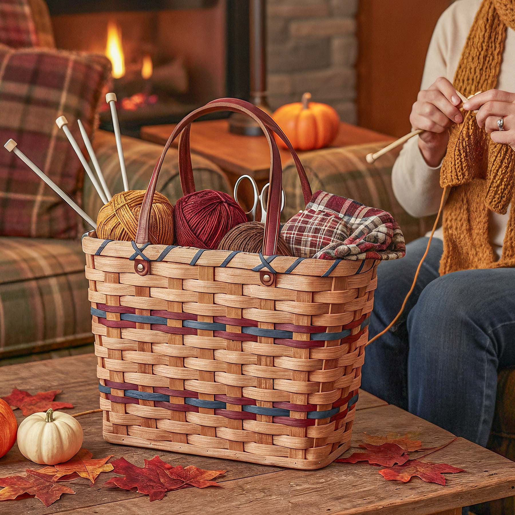 Wicker Project Bag | Crafty Amish Knitting & Crochet Tote Wine & Blue