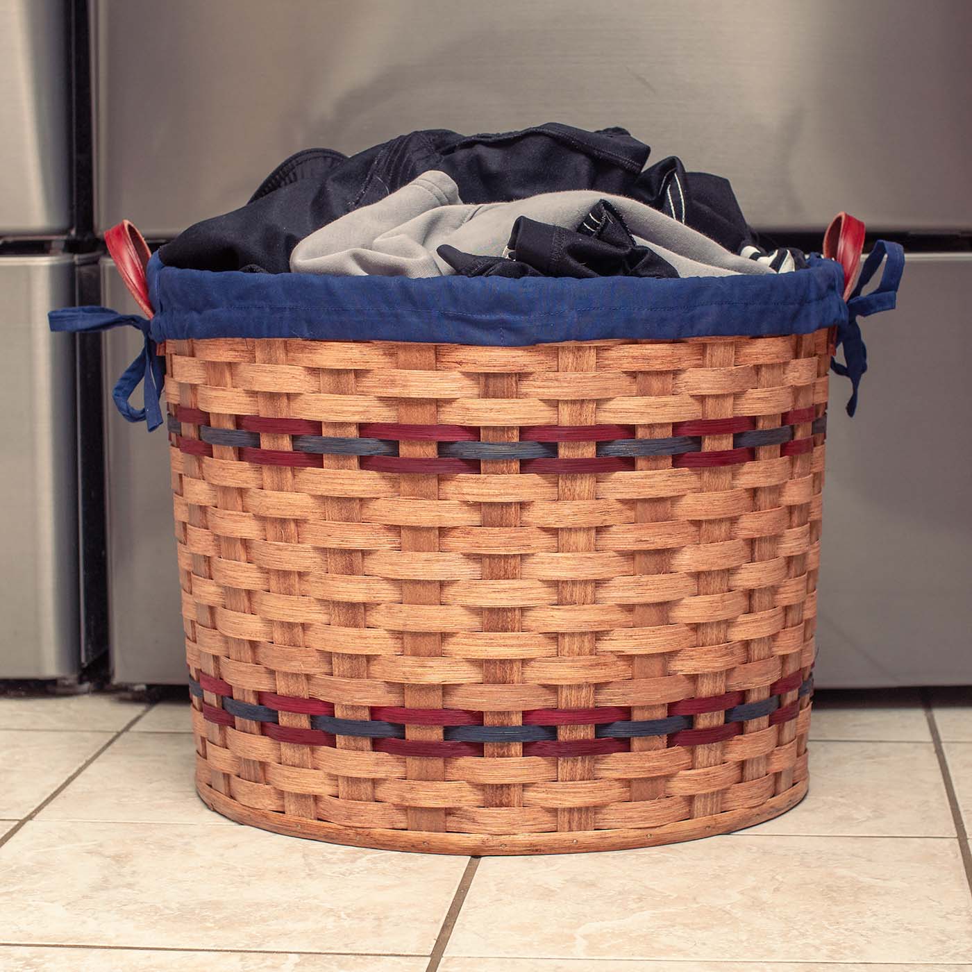 Extra Large Round Basket | Amish Woven Wicker Laundry Basket Wine & Blue