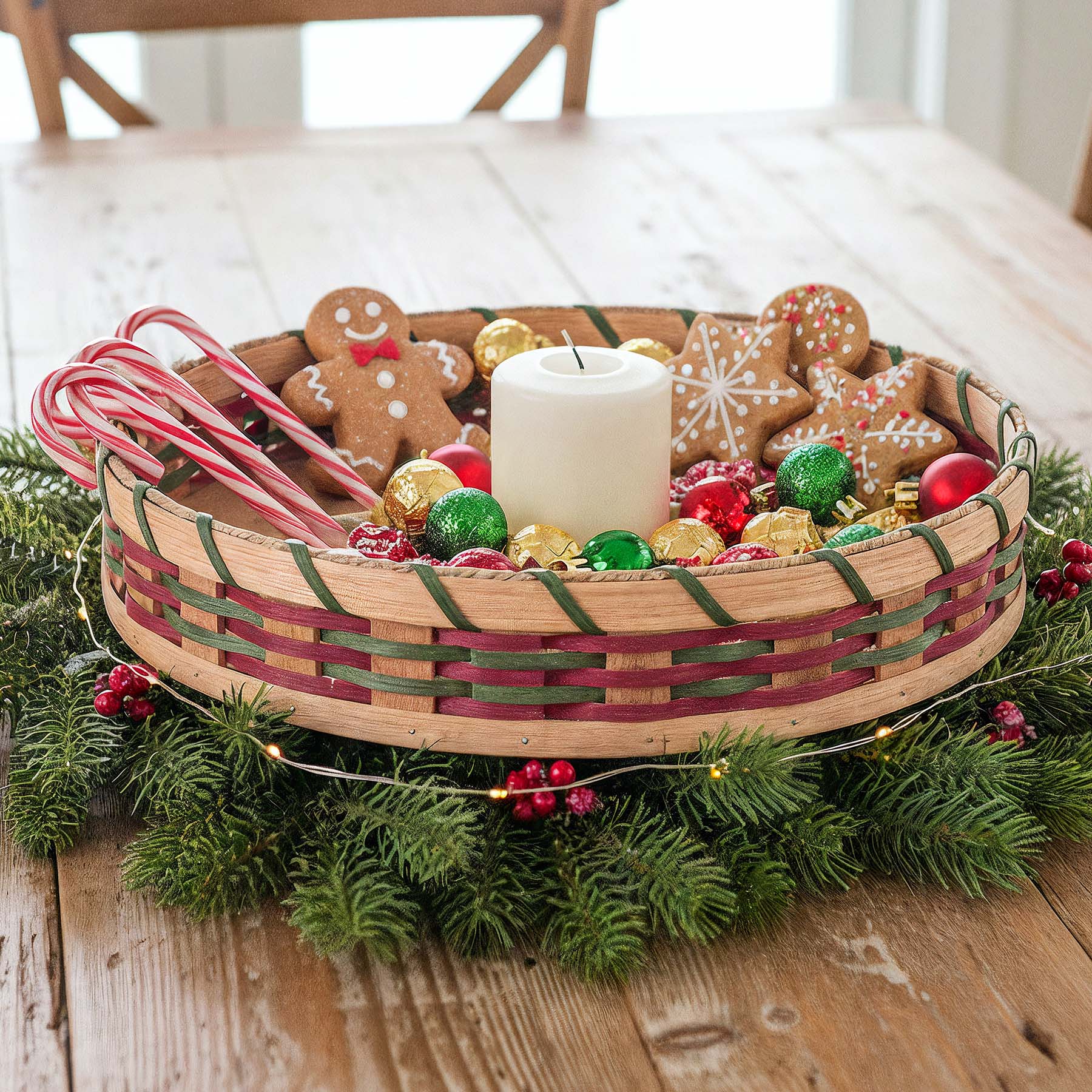 Large Tabletop Lazy Susan | 12" Amish Woven Wicker Rotating Basket Wine & Green