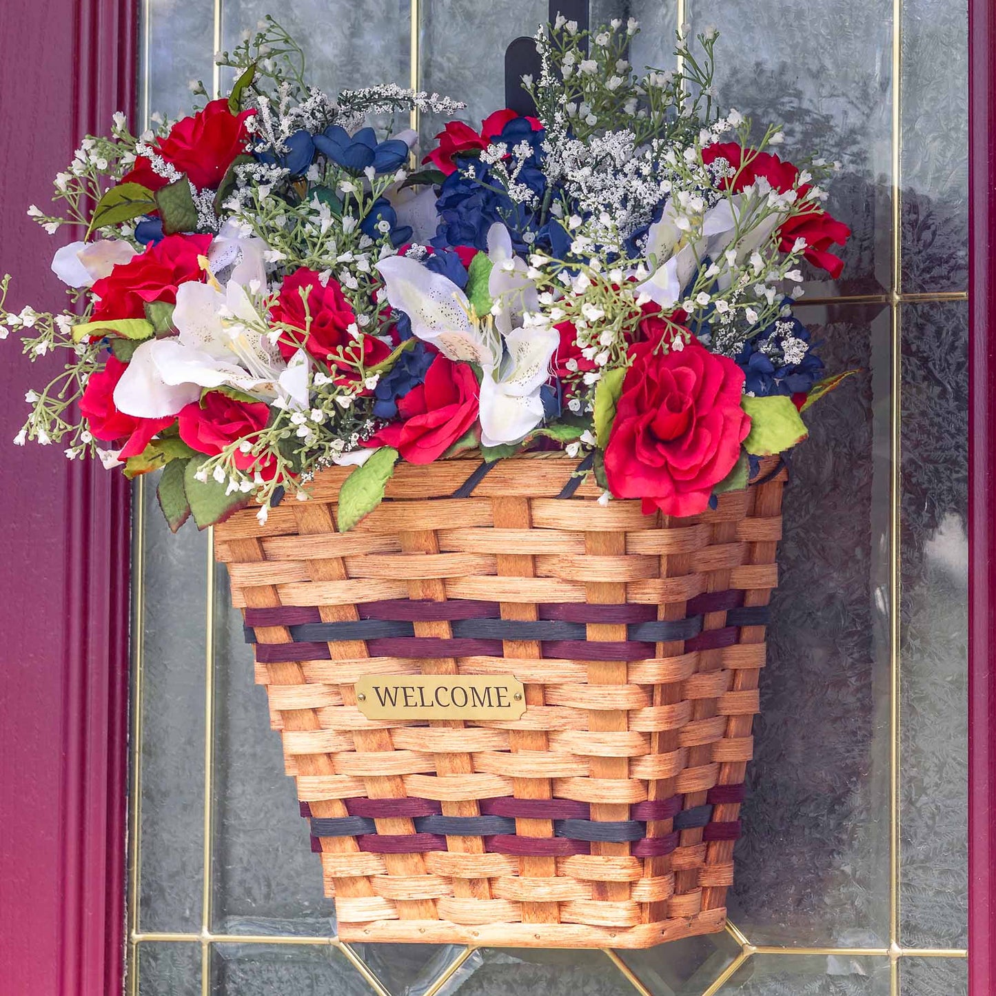 Front Door Hanging Basket | Flat Back Amish Wicker Wall Basket Wine & Blue
