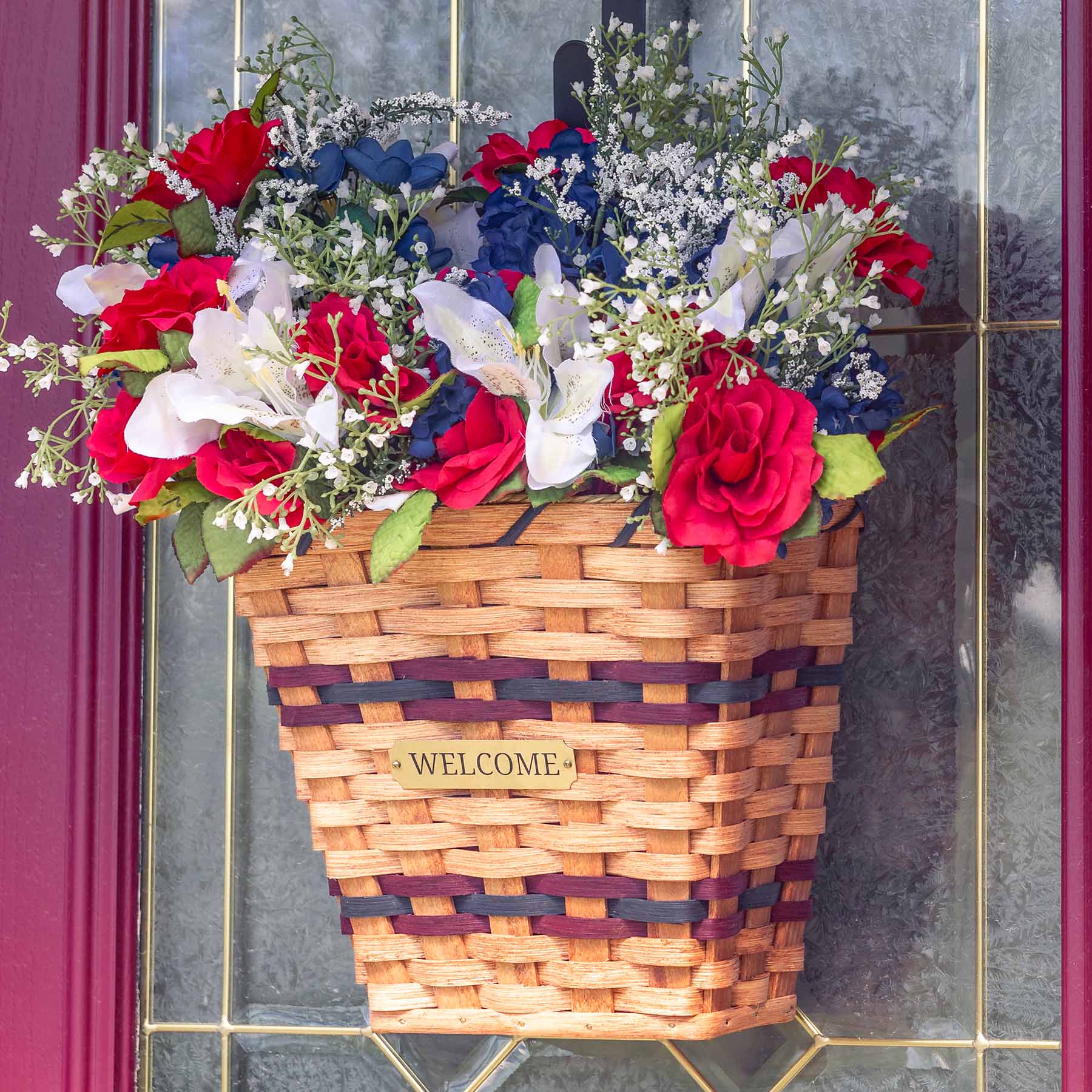 Front Door Hanging Basket | Flat Back Amish Wicker Wall Basket Wine & Blue