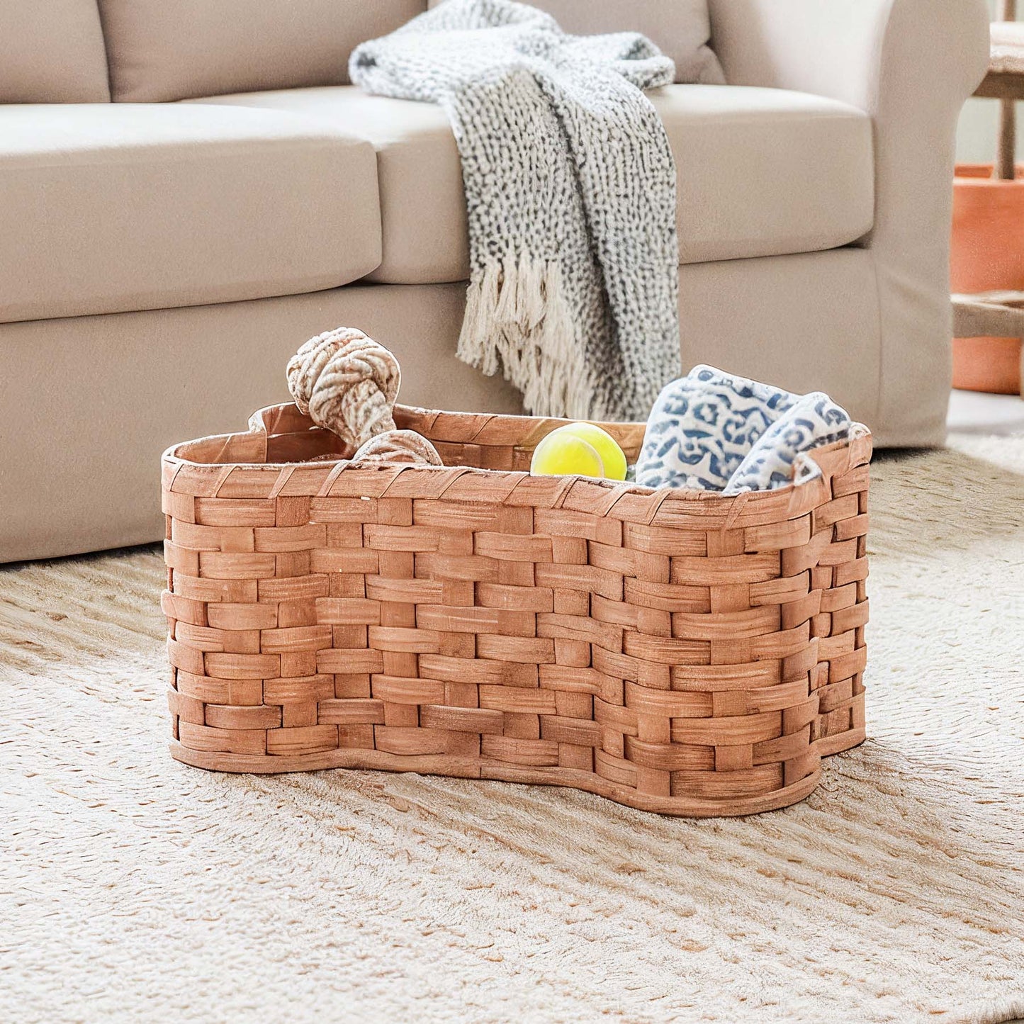 Dog Bone Basket | Amish Woven Wicker Pet Toy Storage Box Plain