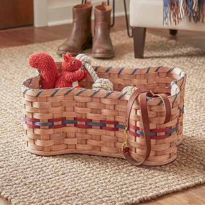 Dog Bone Basket | Amish Woven Wicker Pet Toy Storage Box Wine & Blue