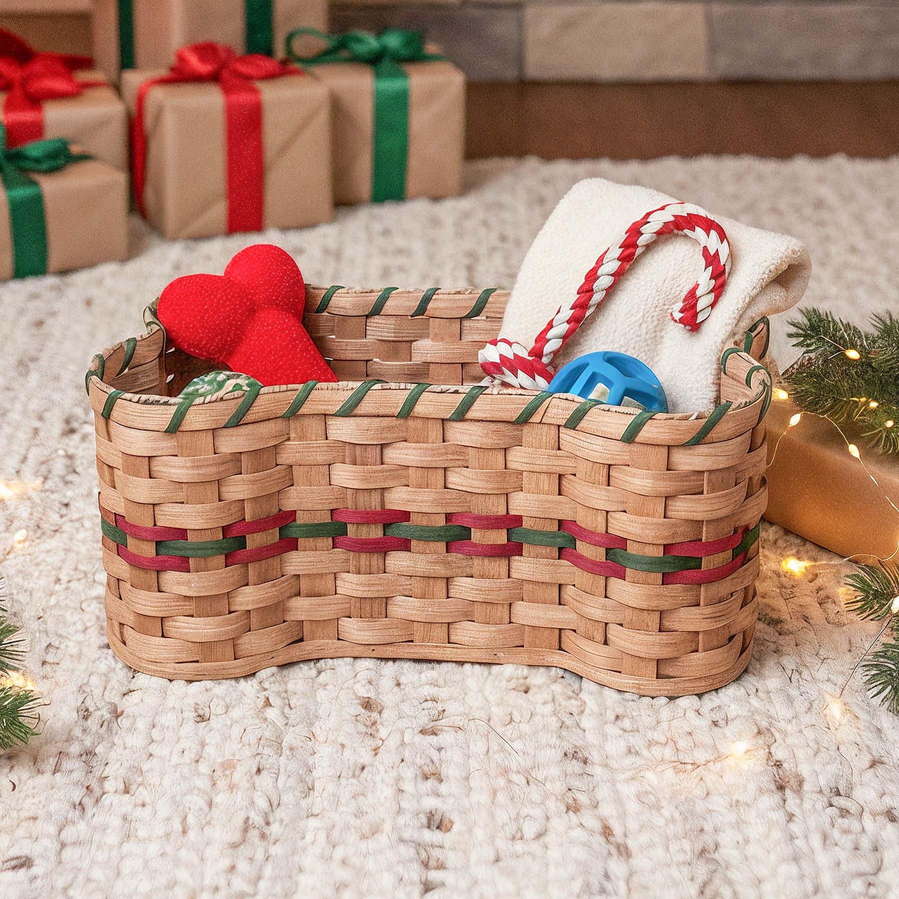 Dog Bone Basket | Amish Woven Wicker Pet Toy Storage Box Wine & Green