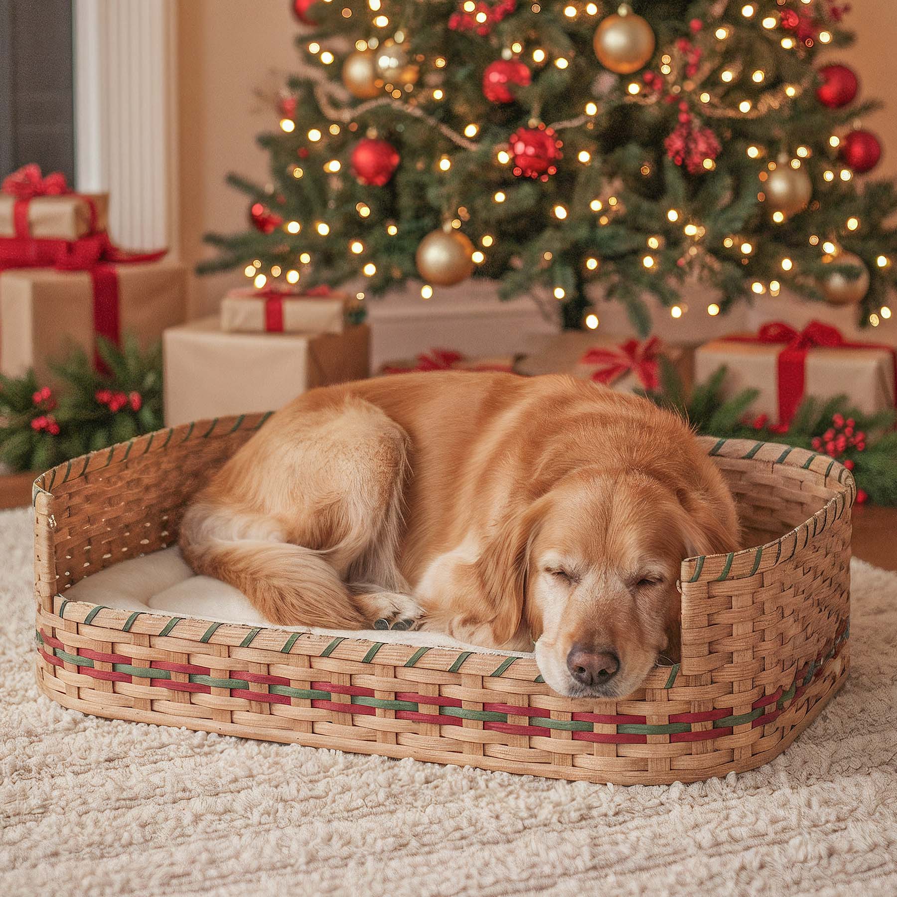 Large Wicker Dog Bed | Amish Woven Pet Bed Basket Wine & Green