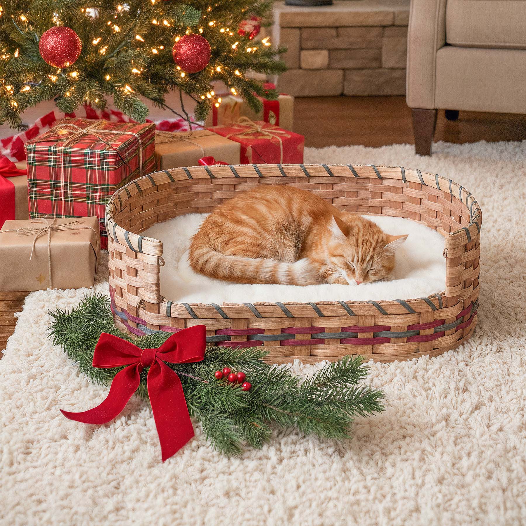 Small Wicker Dog Bed | Amish Woven Pet Bed Basket Wine & Green