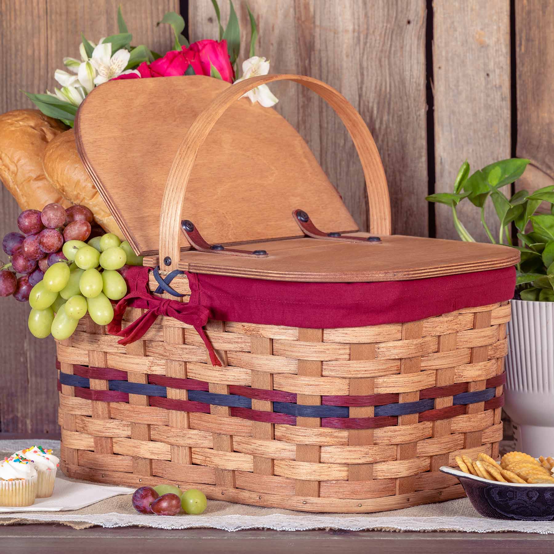 Medium Wicker Picnic Basket | Classic Amish Woven Wood w/Lid Wine & Blue