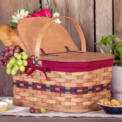 Medium Wicker Picnic Basket | Classic Amish Woven Wood w/Lid Wine & Blue