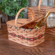 Small Vintage Picnic Basket | Amish Woven Wooden Basket w/Lid Wine & Green
