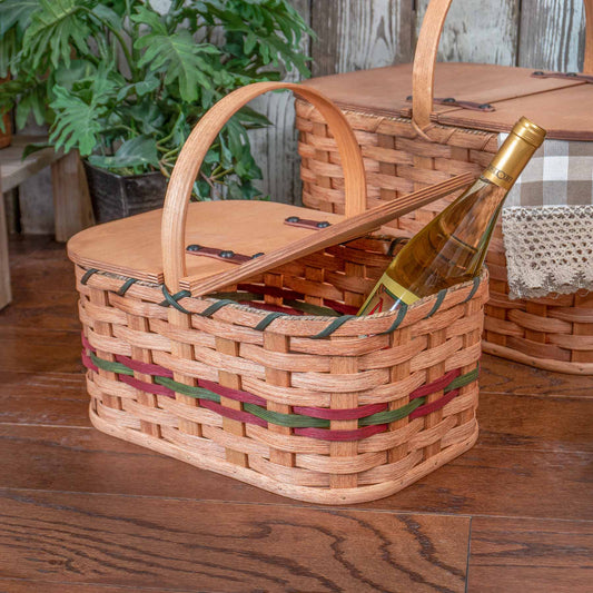 Small Vintage Picnic Basket | Amish Woven Wooden Basket w/Lid Wine & Green