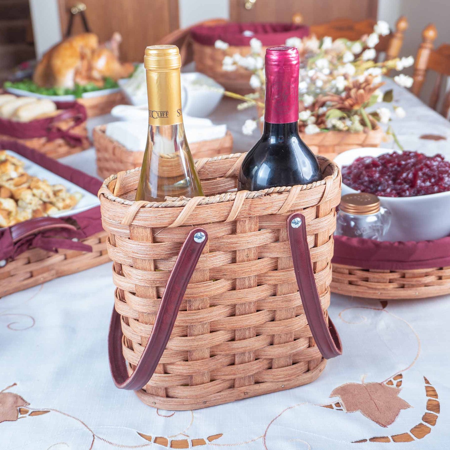 Wine Bottle Tote Basket | Amish Wicker 2 Bottle Wine Carrier Plain