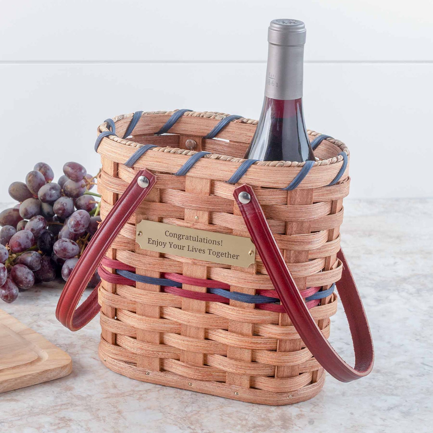 Wine Bottle Tote Basket | Amish Wicker 2 Bottle Wine Carrier Wine & Blue