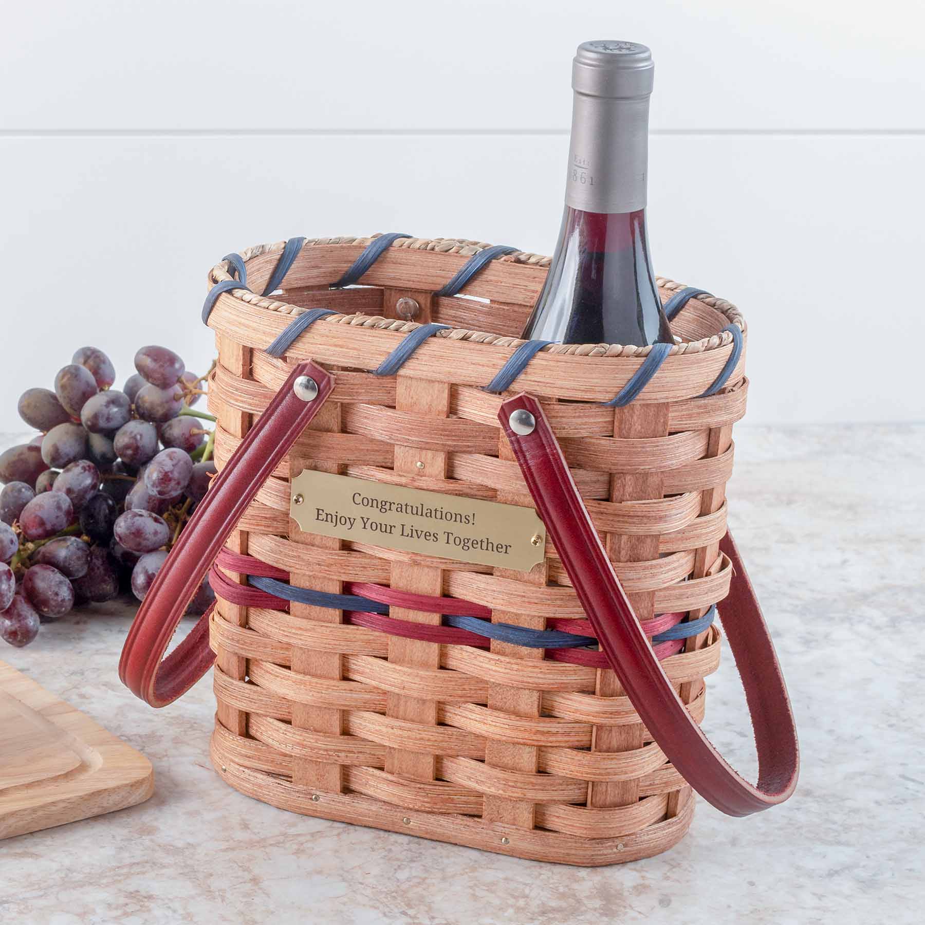Wine Bottle Tote Basket | Amish Wicker 2 Bottle Wine Carrier Wine & Blue