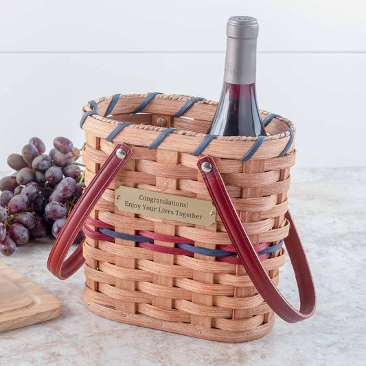 Wine Bottle Tote Basket | Amish Wicker 2 Bottle Wine Carrier Wine & Blue