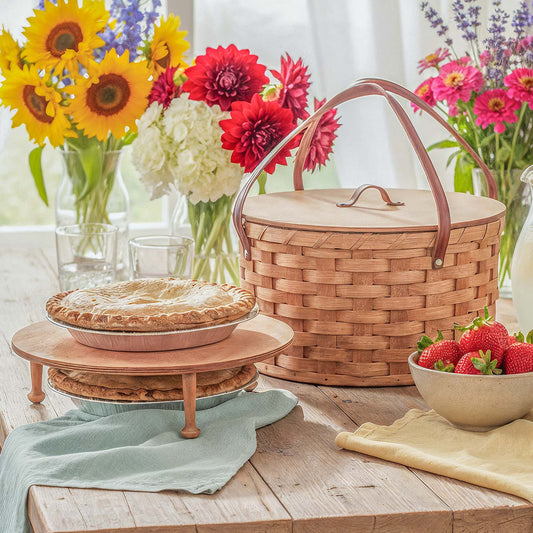 Dual Pie Carrier | Amish Woven Wooden 2-Pie Basket w/Tray Plain