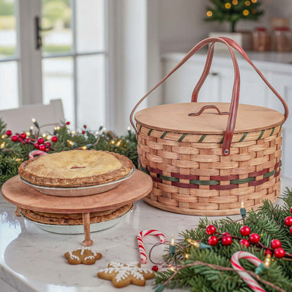 Dual Pie Carrier | Amish Woven Wooden 2-Pie Basket w/Tray Wine & Green