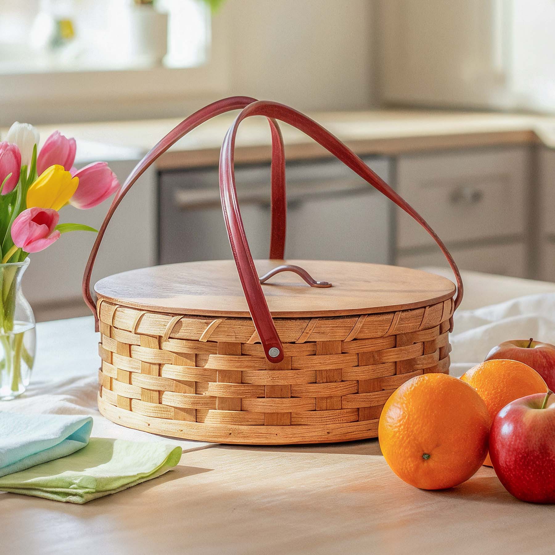 Single Pie Carrier | Amish Woven Wooden Pie Basket w/Lid Plain