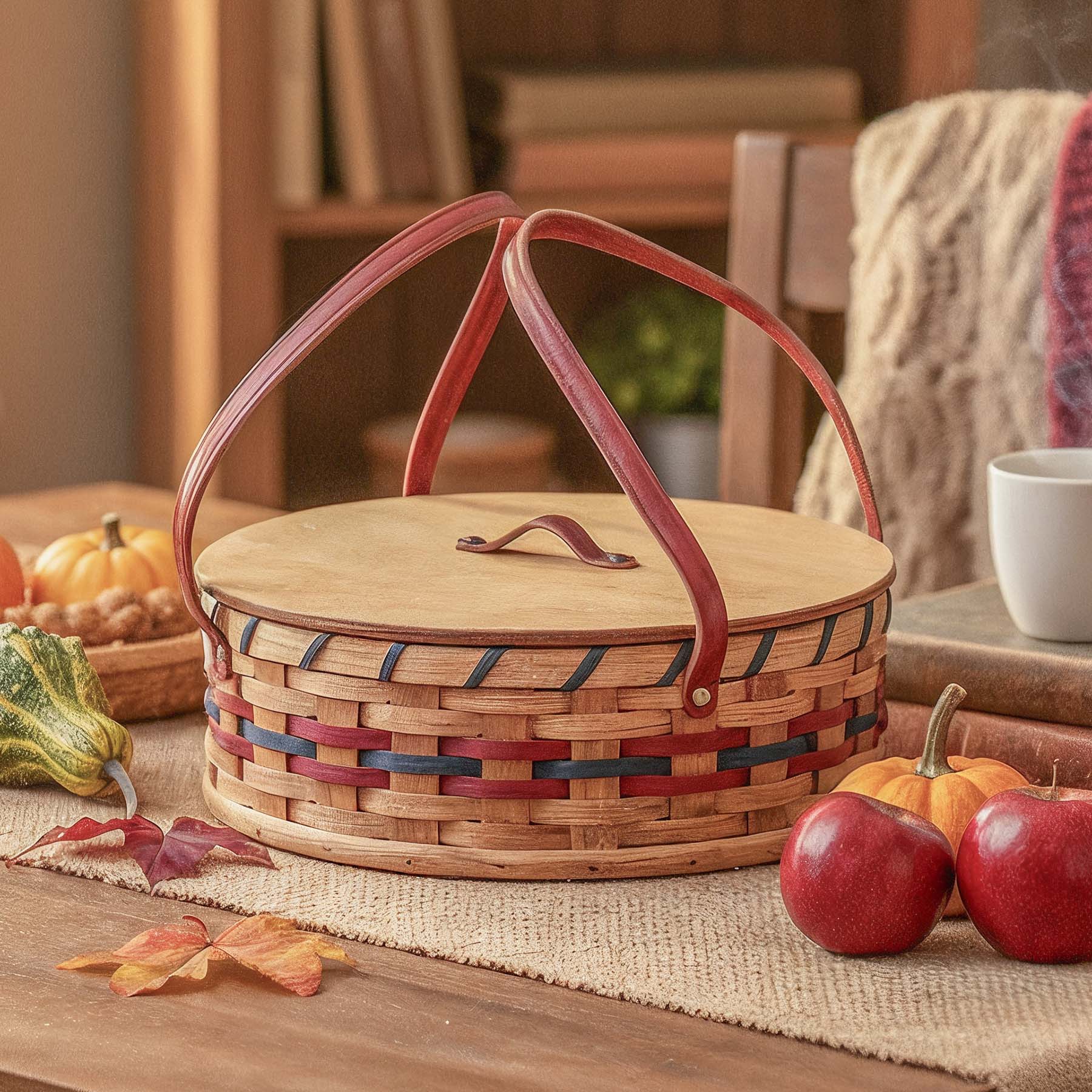 Single Pie Carrier | Amish Woven Wooden Pie Basket w/Lid Wine & Blue