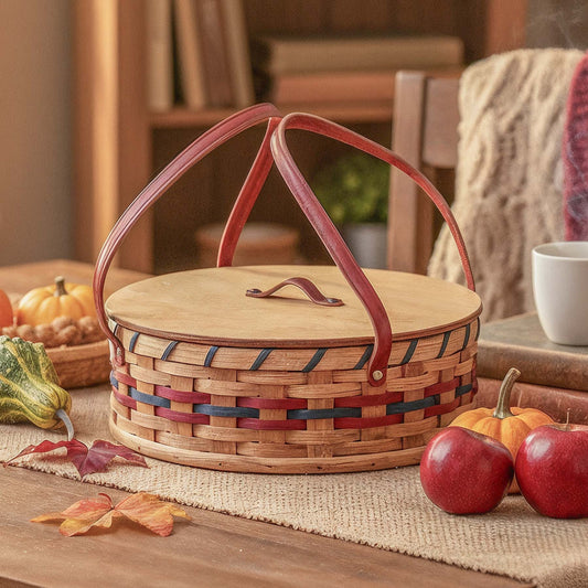 Single Pie Carrier | Amish Woven Wooden Pie Basket w/Lid Wine & Blue