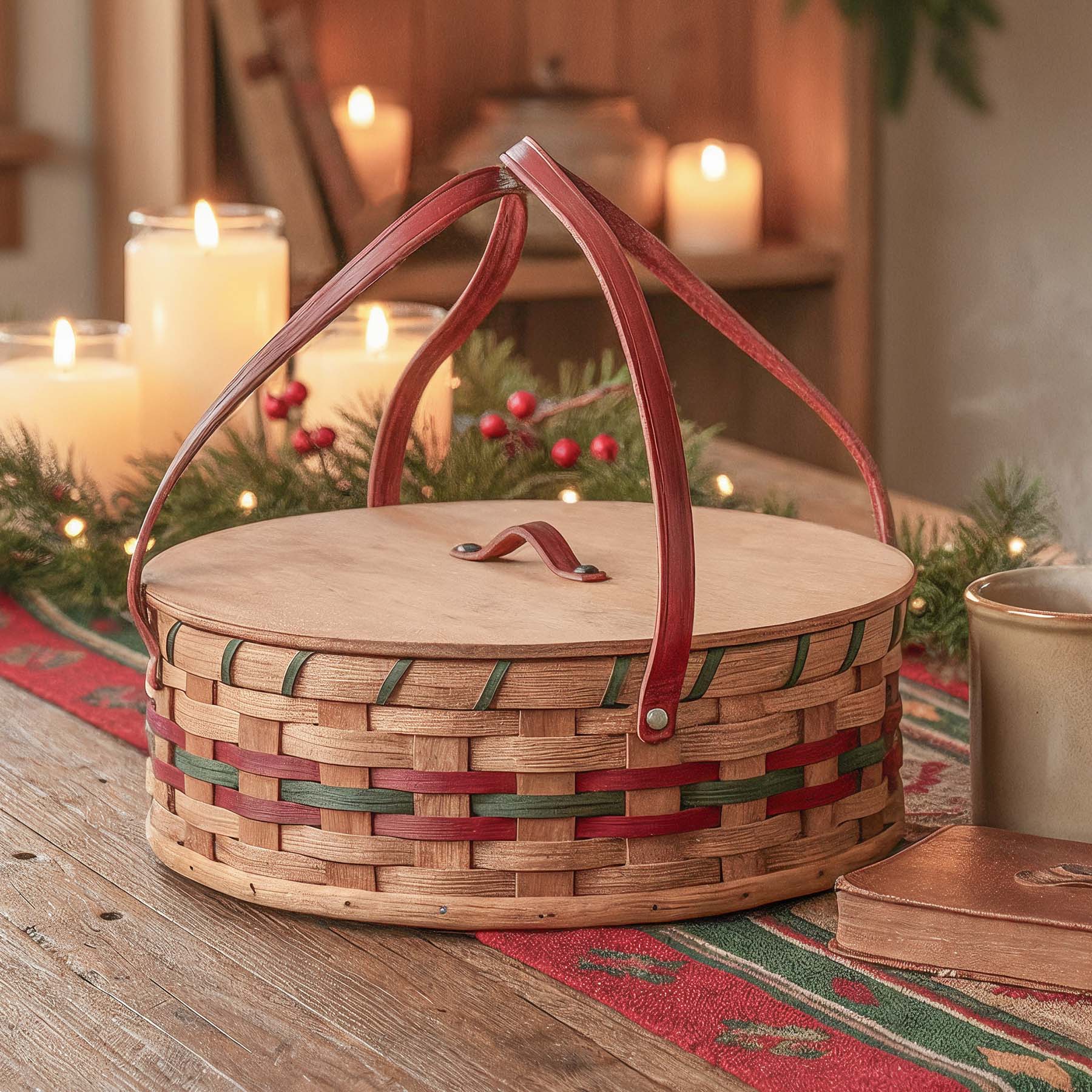Single Pie Carrier | Amish Woven Wooden Pie Basket w/Lid Wine & Green