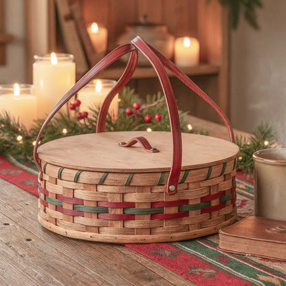 Single Pie Carrier | Amish Woven Wooden Pie Basket w/Lid Wine & Green