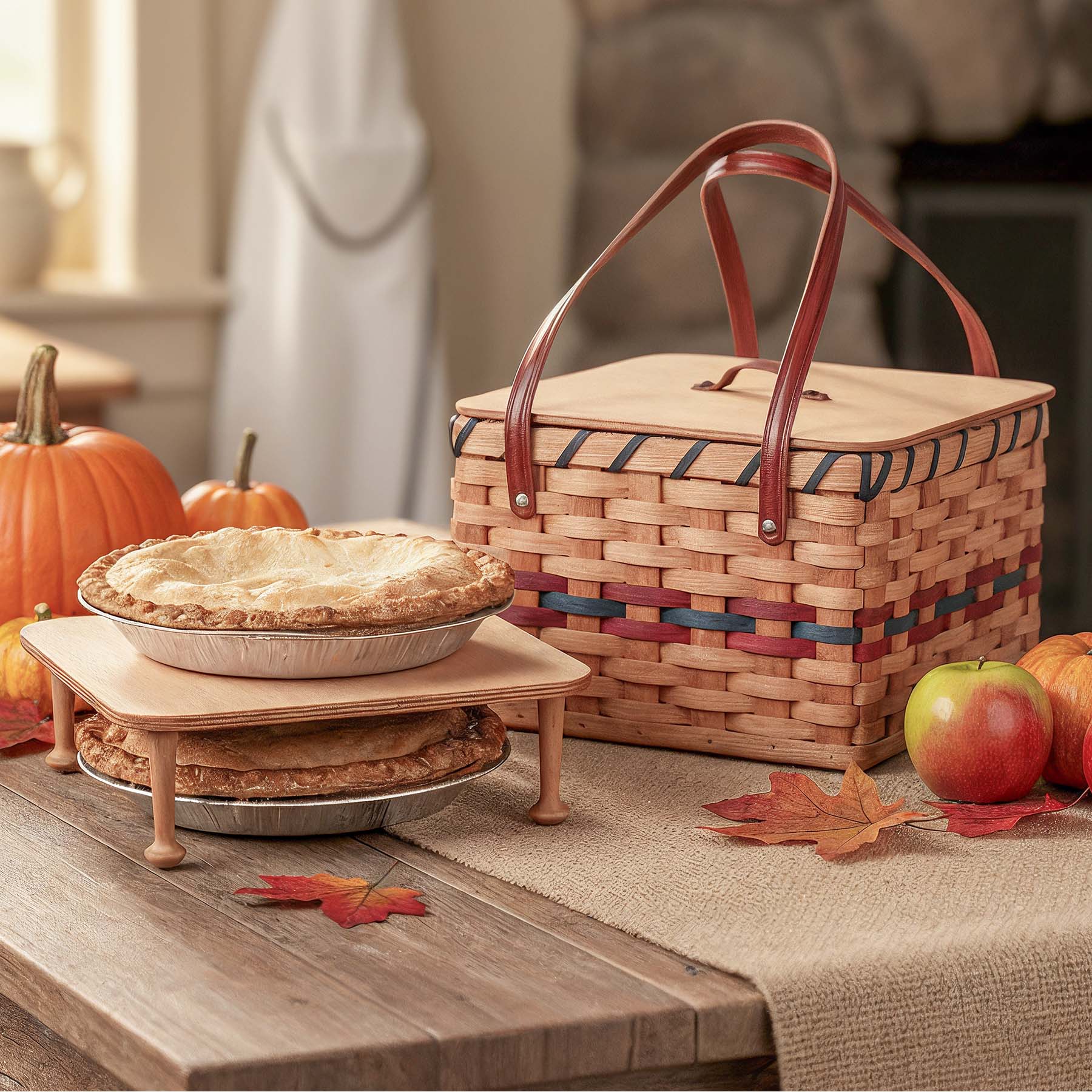 Square Two Pie Carrier | Amish Dual Pie & Picnic Basket Wine & Blue