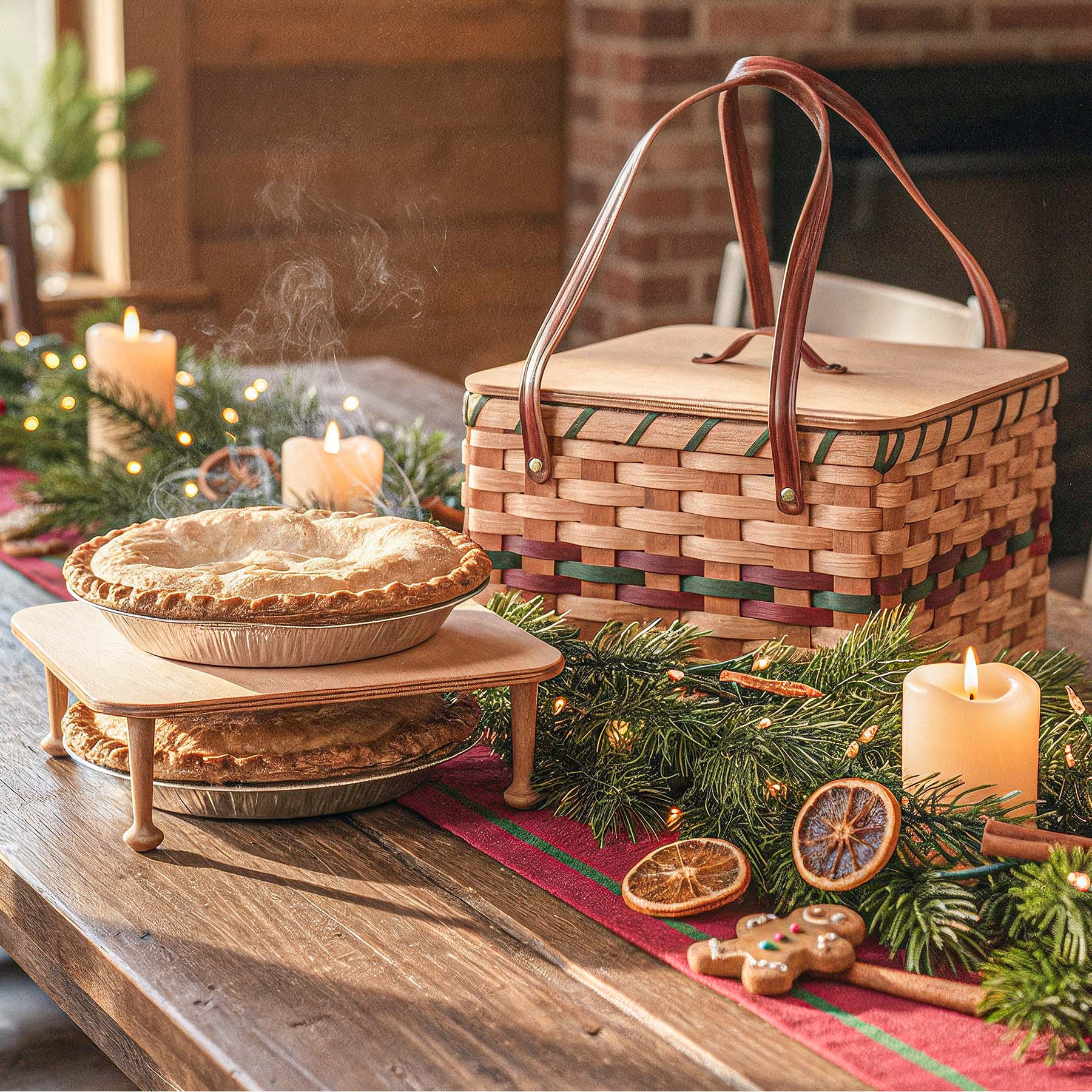 Square Two Pie Carrier | Amish Dual Pie & Picnic Basket Wine & Green