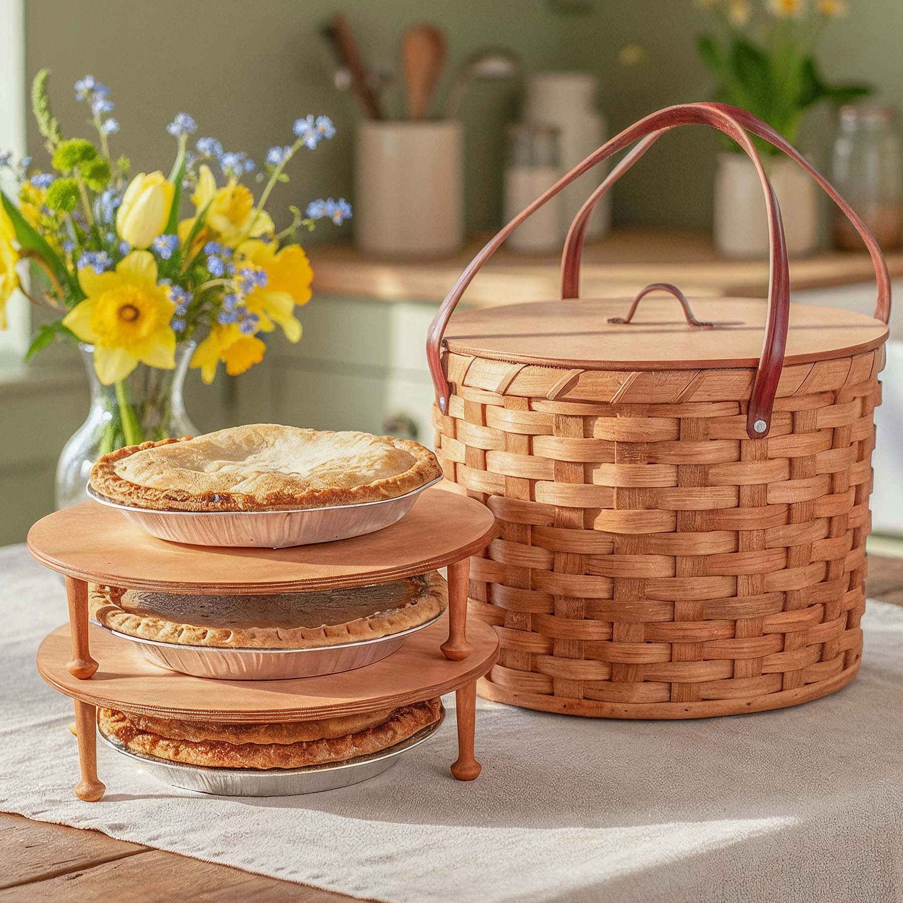 Triple Pie Basket | Amish Woven 3-Pie Travel Transport Container Plain