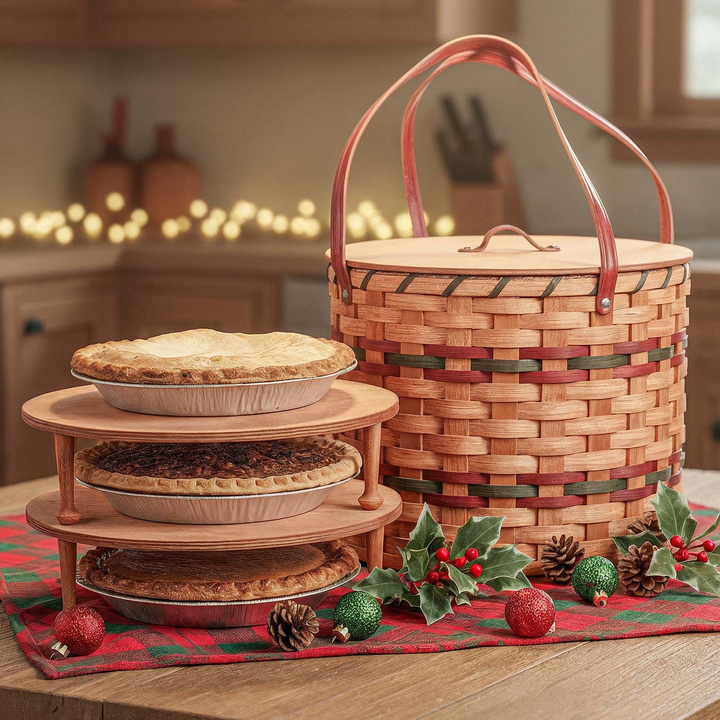 Triple Pie Basket | Amish Woven 3-Pie Travel Transport Container Wine & Green