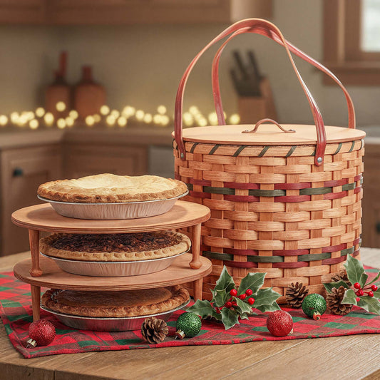 Triple Pie Basket | Amish Woven 3-Pie Travel Transport Container Wine & Green