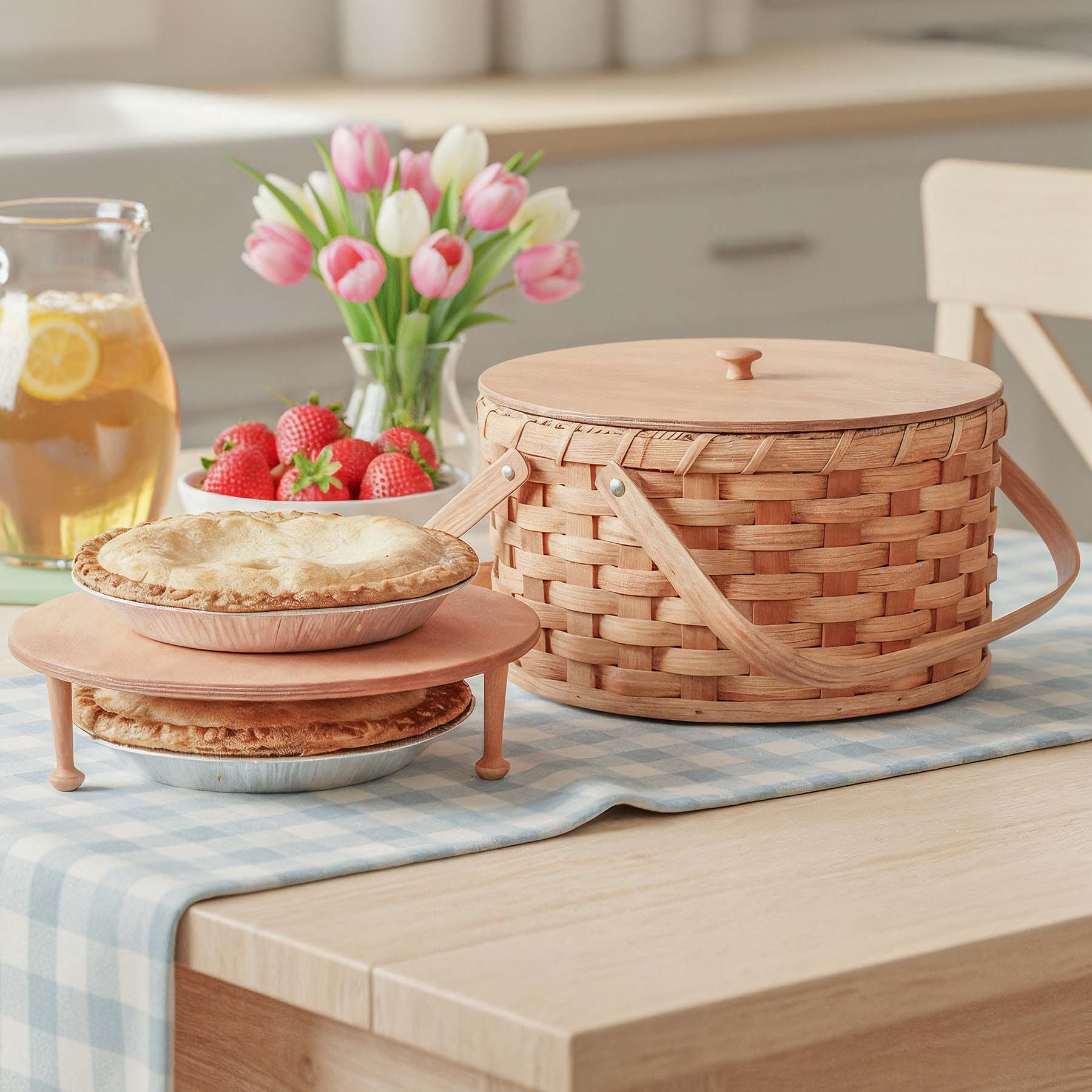 Wood Handled Pie Carrier | Amish Woven Wooden Two Pie Basket Plain