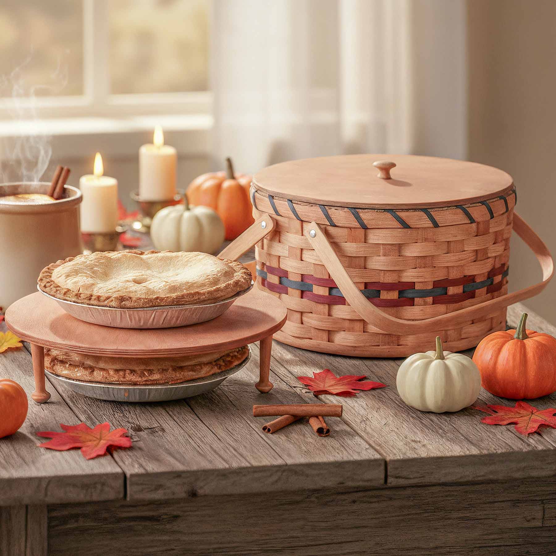 Wood Handled Pie Carrier | Amish Woven Wooden Two Pie Basket Wine & Blue