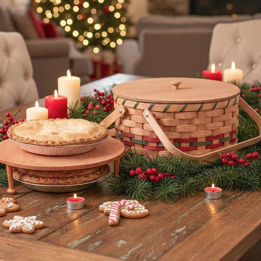 Wood Handled Pie Carrier | Amish Woven Wooden Two Pie Basket Wine & Green