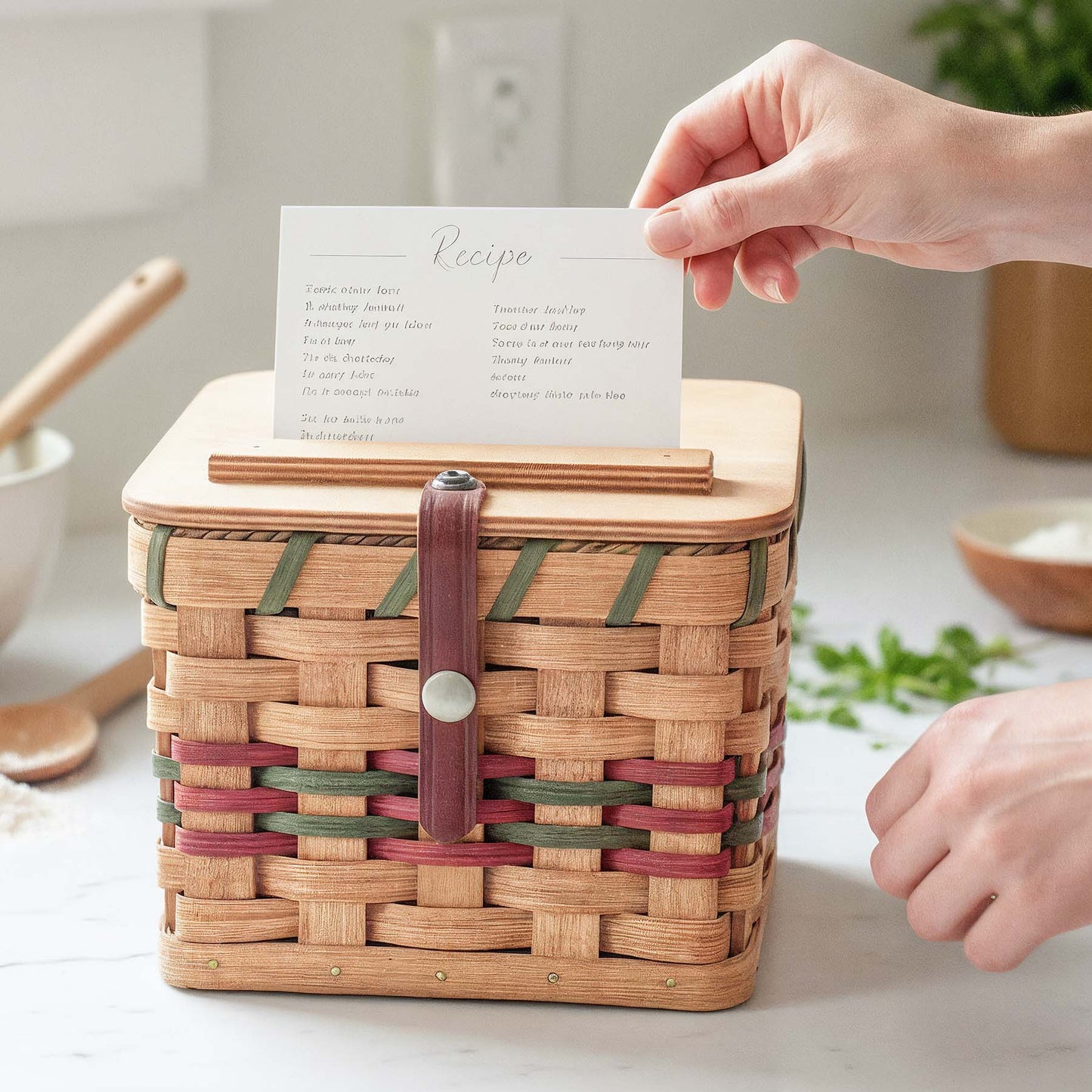 Recipe Card Box | Amish Woven Wooden for 4x6 Recipe Cards Wine & Green