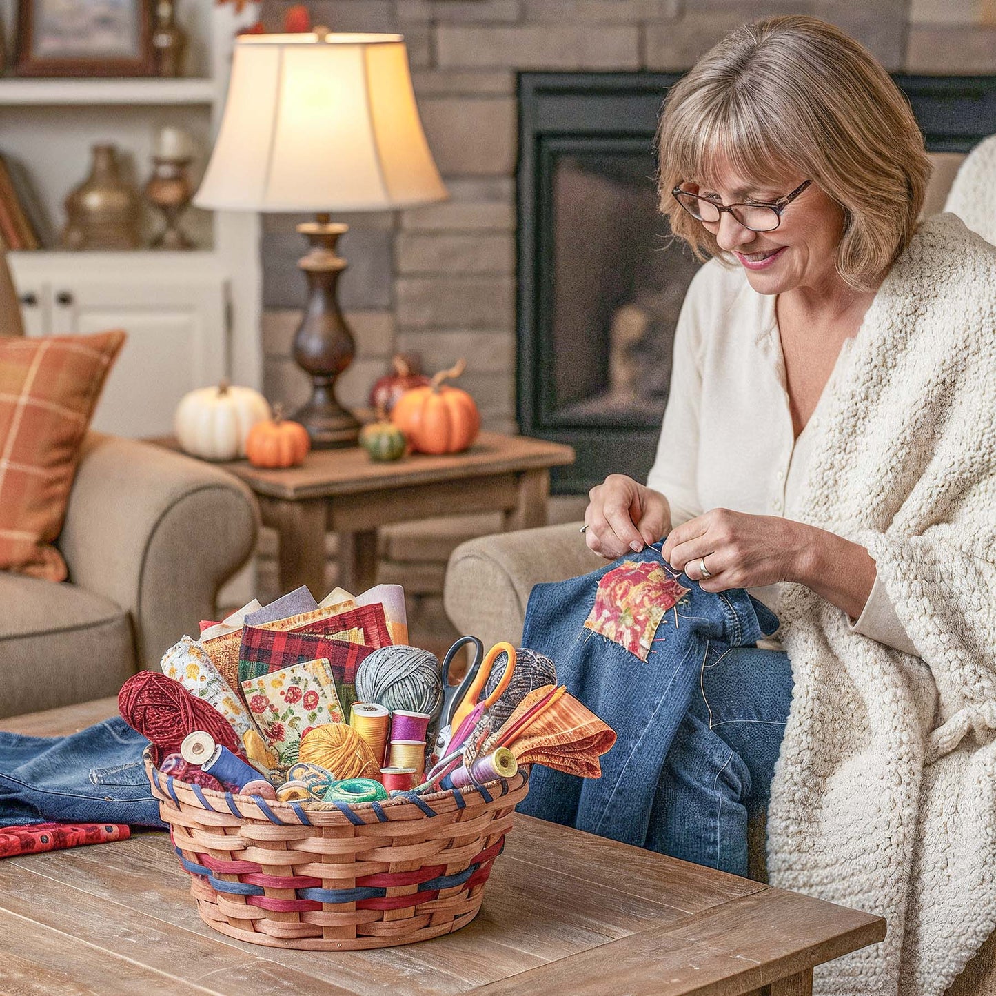 Amish Mending Basket | Wicker Darning & Sewing Notion Storage Wine & Blue