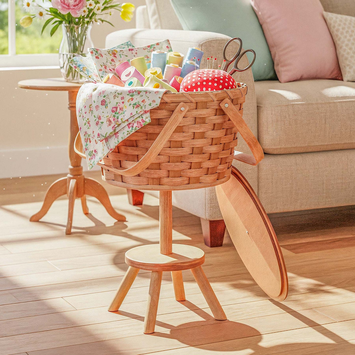 Antique Styled Sewing Basket | Amish Woven Wicker Organizer w/Stand Plain