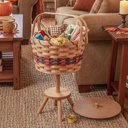 Antique Styled Sewing Basket | Amish Woven Wicker Organizer w/Stand Wine & Blue