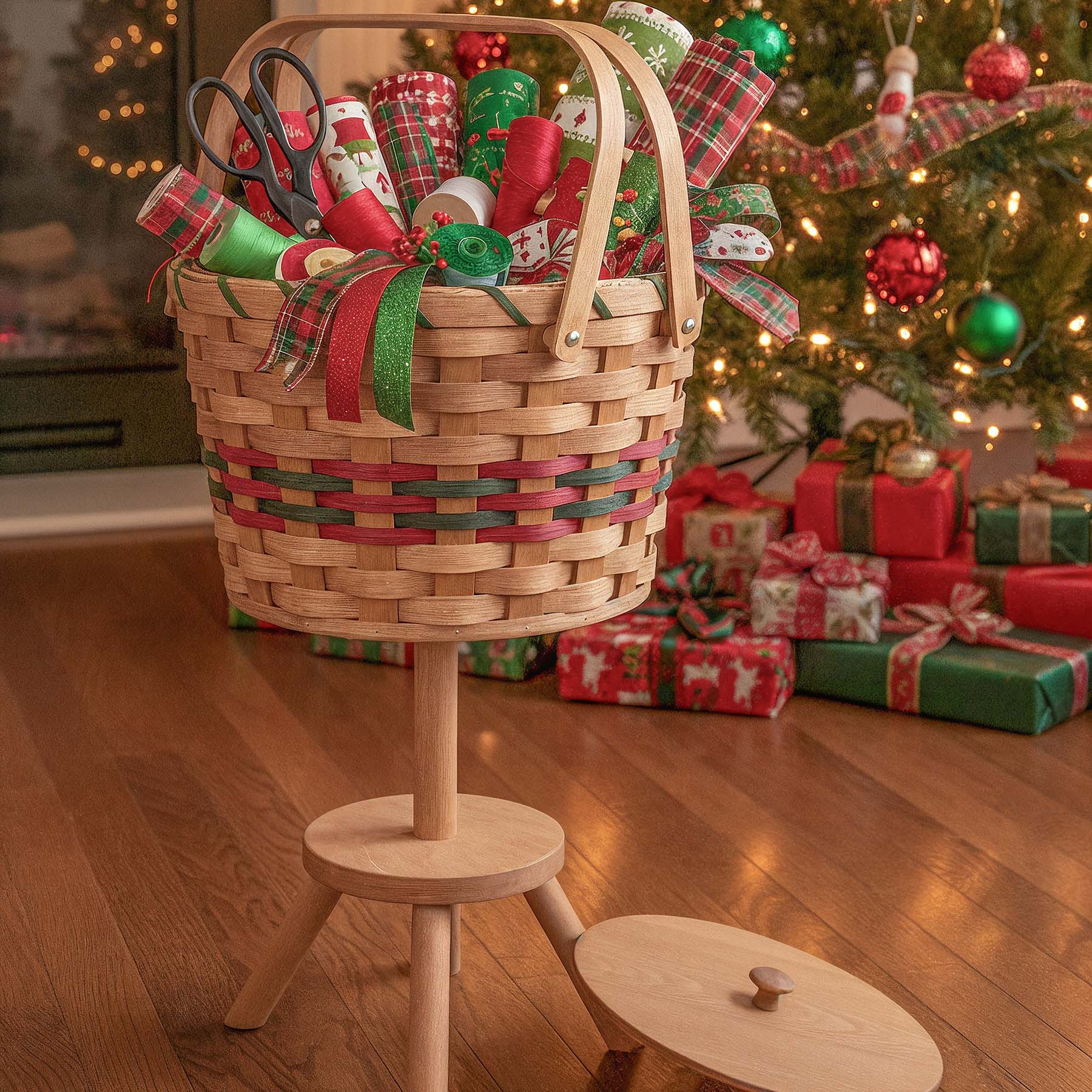 Antique Styled Sewing Basket | Amish Woven Wicker Organizer w/Stand Wine & Green