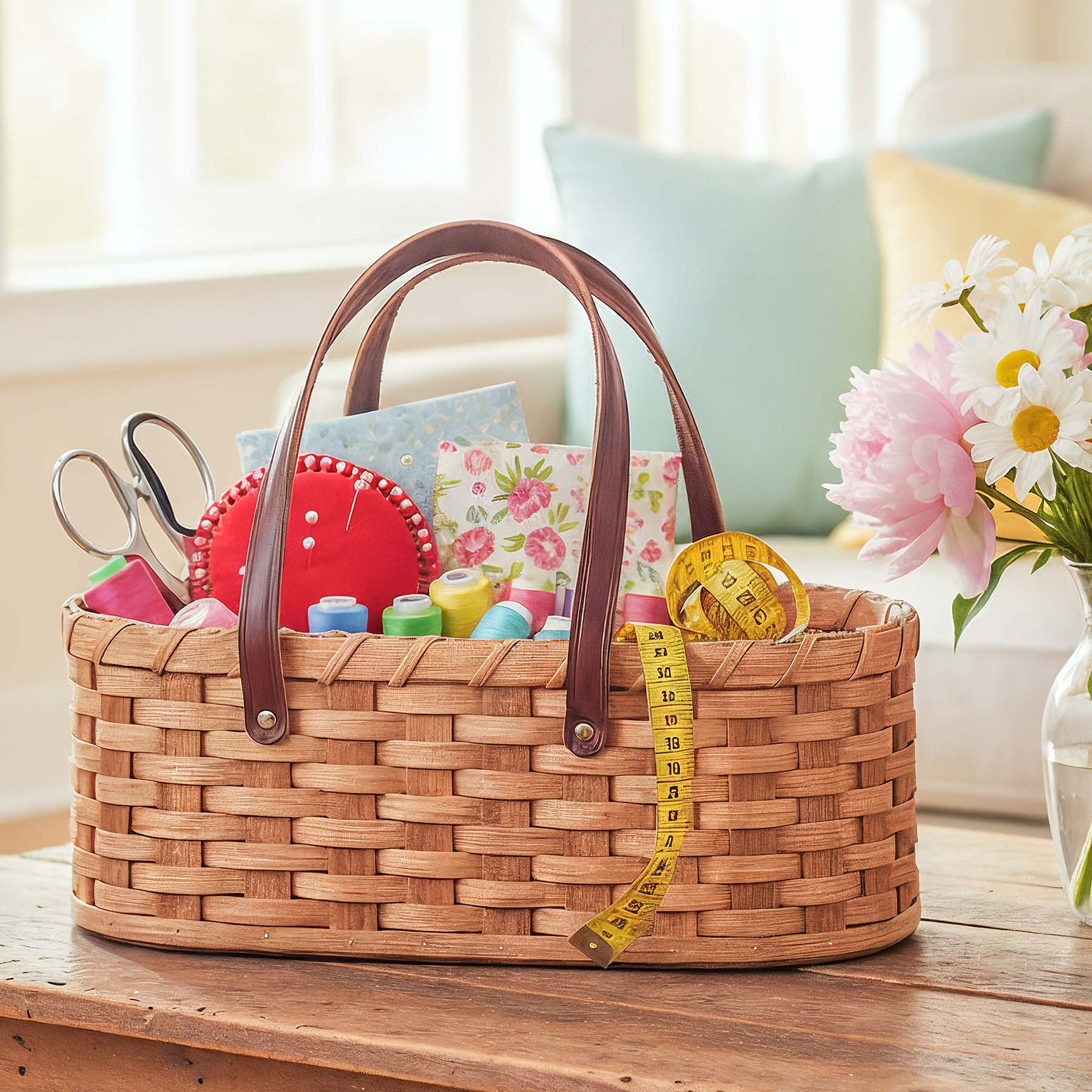 Craft Caddy | Handy Amish Wicker Sewing Tote Basket w/Handles Plain