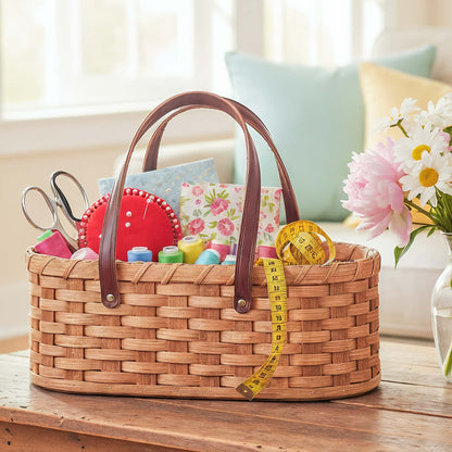 Craft Caddy | Handy Amish Wicker Sewing Tote Basket w/Handles Plain