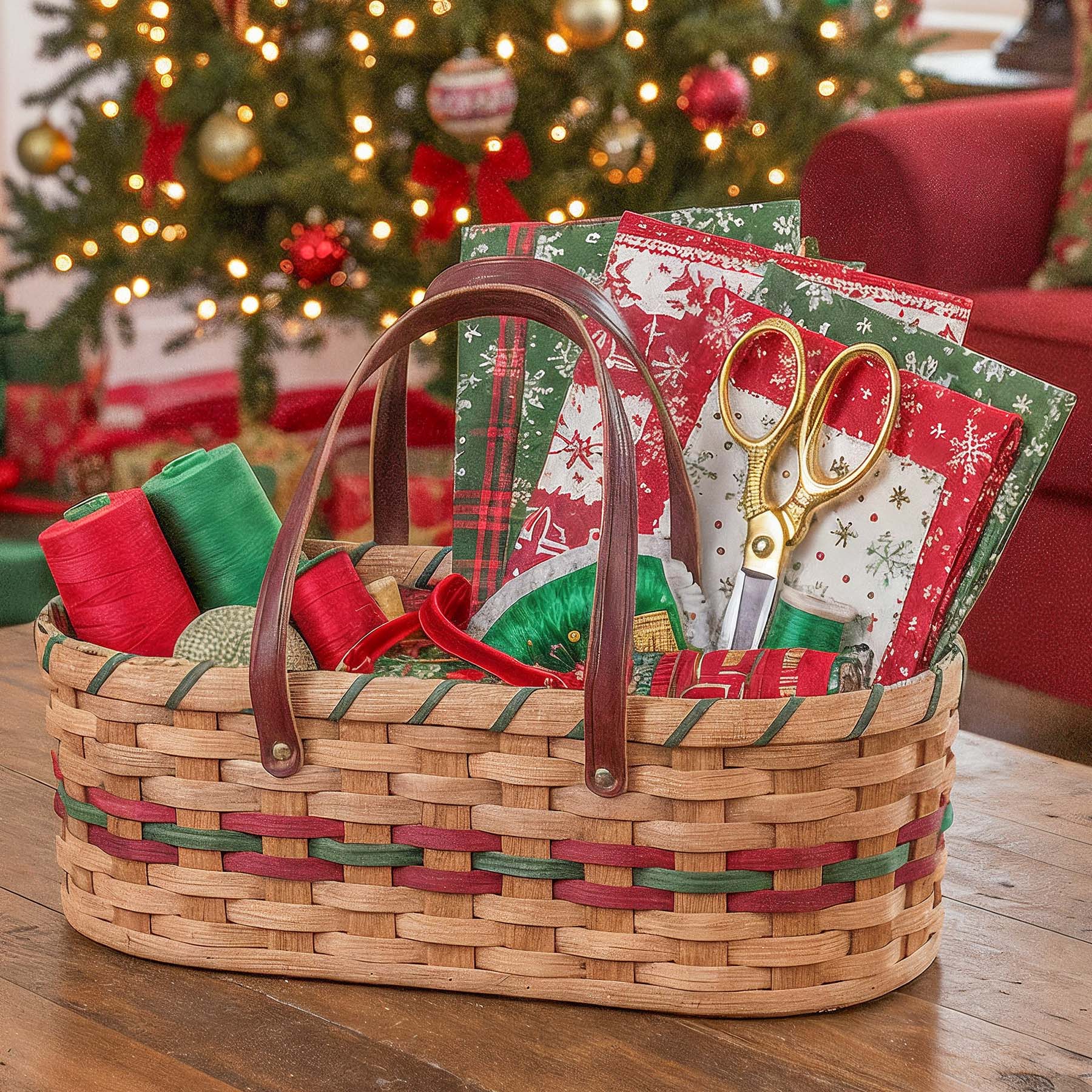 Craft Caddy | Handy Amish Wicker Sewing Tote Basket w/Handles Wine & Green